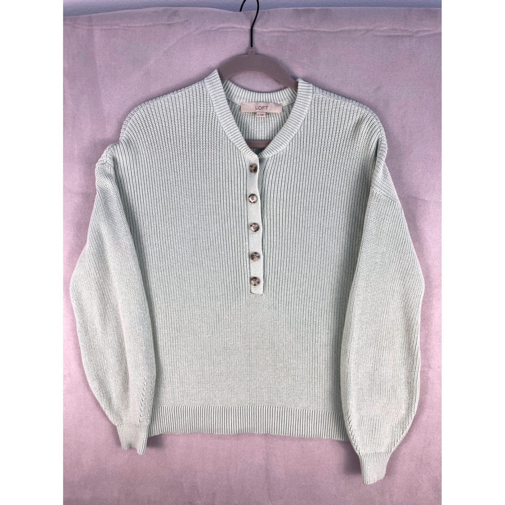 Loft Womens Mint Green Ribbed Cotton Henley Sweater Size M Long Sleeve Modern